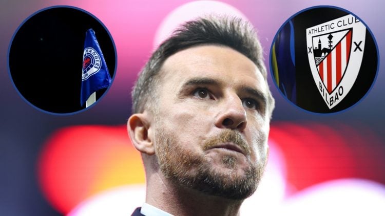Image of Barry Ferguson with an inset of a Rangers flag (L) and Athletic Club crest (R).