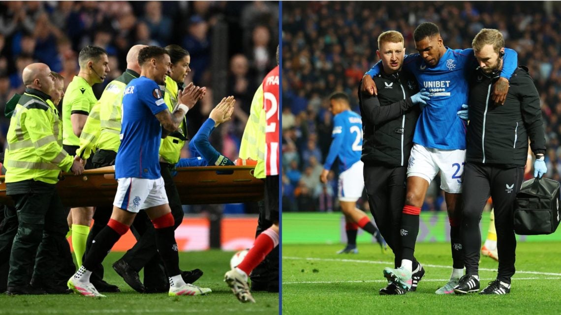 Split image of Bailey Rice (L) being stretchered off for Rangers and Dujon Sterling (R) being helped off by medical staff.