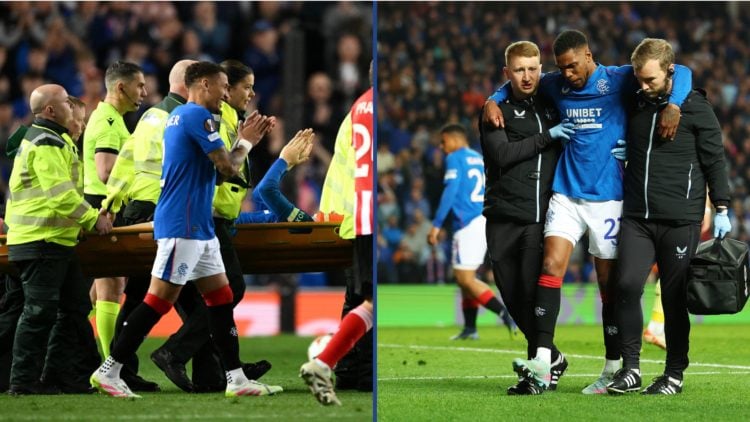 Split image of Bailey Rice (L) being stretchered off for Rangers and Dujon Sterling (R) being helped off by medical staff.