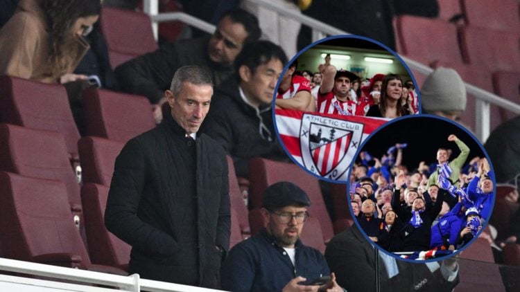Photograph of Andrea Berta in the Arsenal crowd with insets of Athletic and Rangers fans.