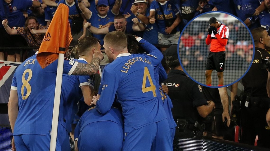 Main image, Players of Rangers celebrate after scoring a goal with his team-mates during the UEFA Europe League final match between Eintracht Frank...