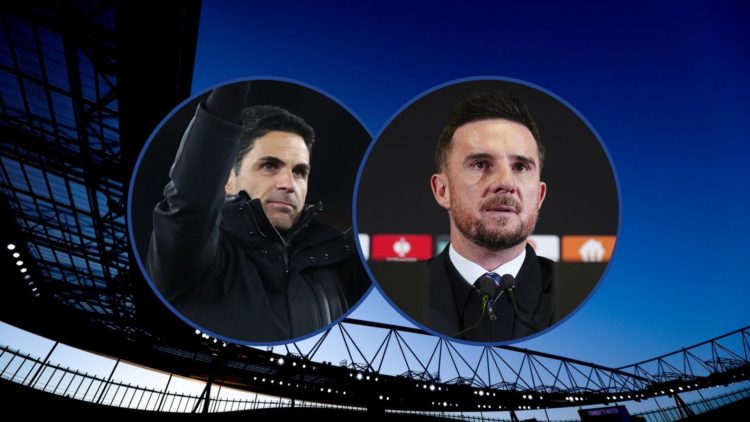 Mikel Arteta and Barry Ferguson with Emirates Stadium sky