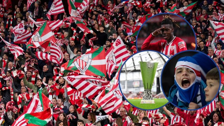 Image of Athletic Bilbao fans with insets of a Rangers fan, Nico Williams and the Europa League trophy.