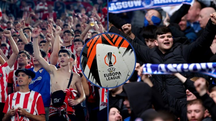 Split image of Rangers fans and Athletic Bilbao fans with Europa League logo inset.