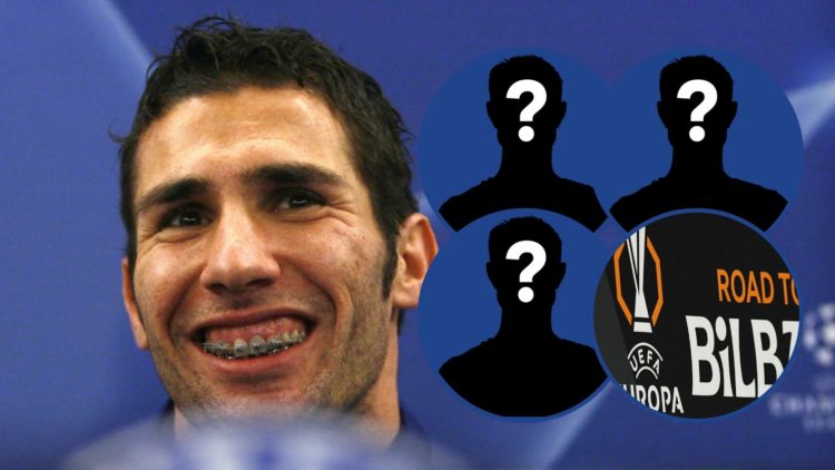 Image Carlos Cuellar with three mystery player insets and Europa League logo.