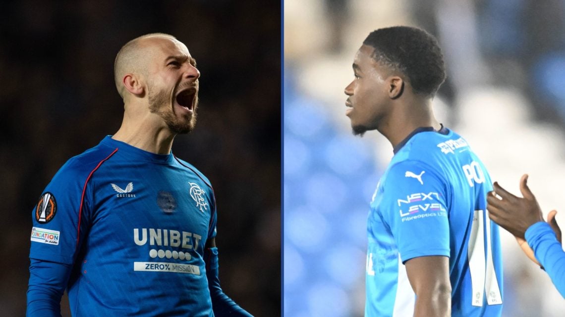 Left image, Vaclav Cerny of Rangers FC celebrates after scoring his penalty in the penalty shoot out during the UEFA Europa League 2024/25 Round of...
