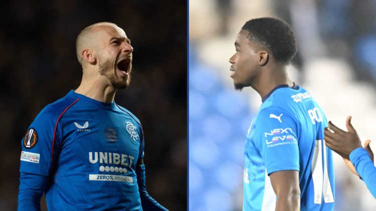 Left image, Vaclav Cerny of Rangers FC celebrates after scoring his penalty in the penalty shoot out during the UEFA Europa League 2024/25 Round of...