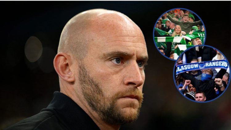 Image of David Gray with insets of Hibs and Rangers fans.