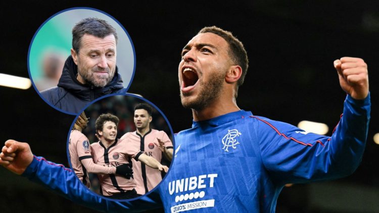 Main image, Rangers' Belgian-born Nigerian striker #09 Cyriel Dessers celebrates after scoring his team first goal during the UEFA Europa league fo...