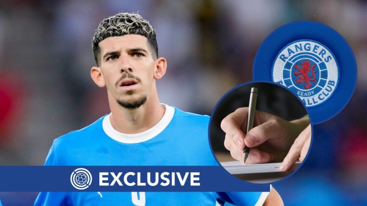 Image of Israel striker Dor Turgeman with insets of the Rangers crest and someone signing a contract.