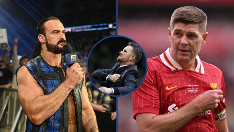 Split image of Steven Gerrard and Drew McIntyre with inset of Barry Ferguson.