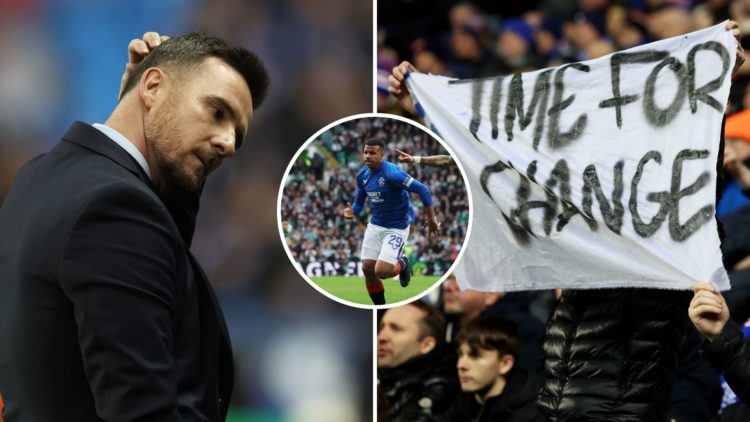 Left image, Barry Ferguson, Head Coach of Rangers FC, looks on prior to the UEFA Europa League 2024/25 Round of 16 Second Leg match between Rangers...