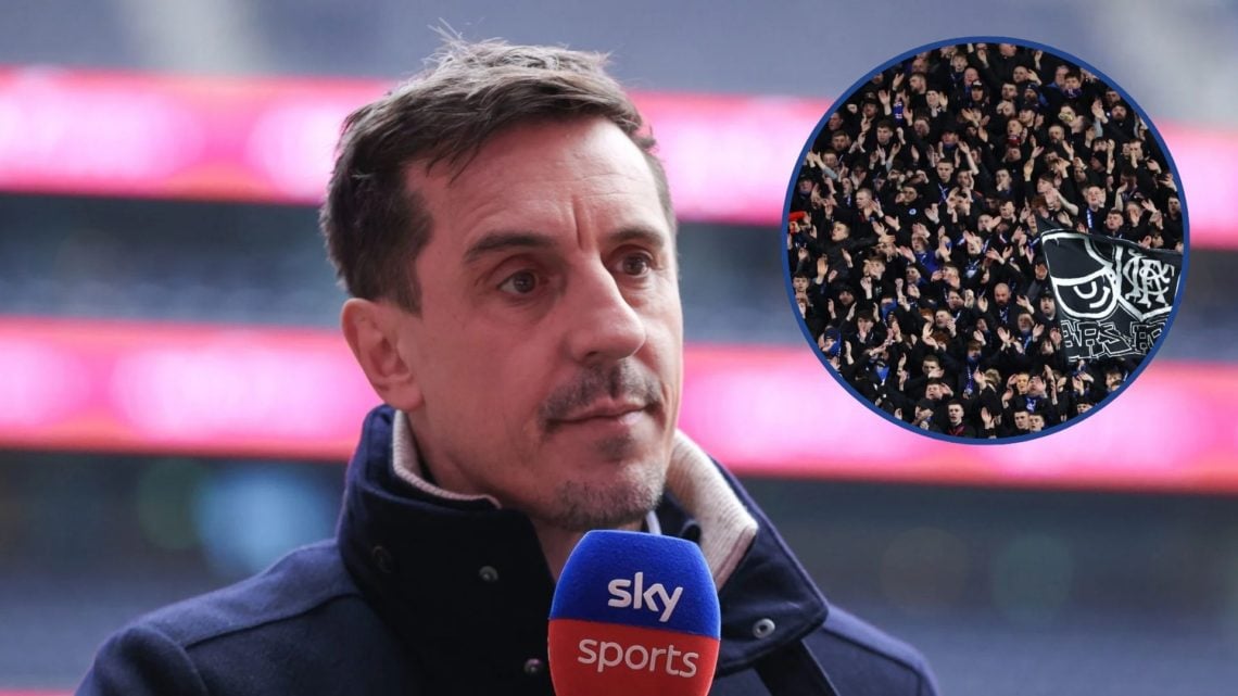 Image of Gary Neville with insets of Rangers fans.