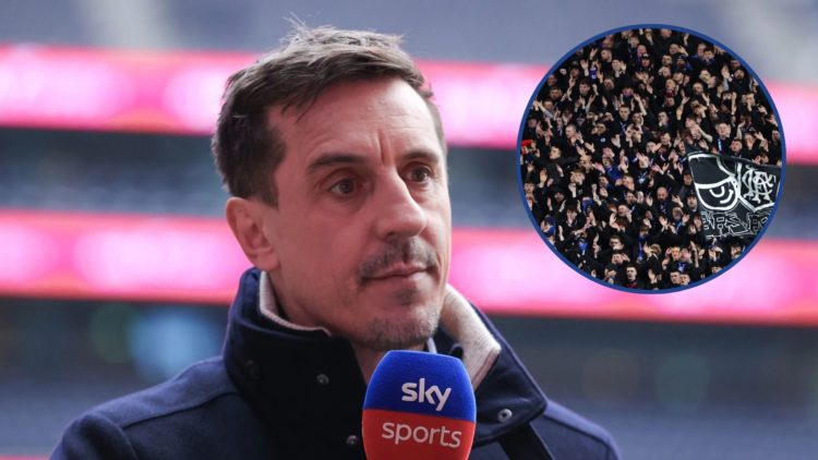 Image of Gary Neville with insets of Rangers fans.