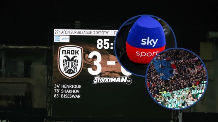 Image of Greek Super League match with insets of Sky Sports microphone and Rangers and Celtic fans.