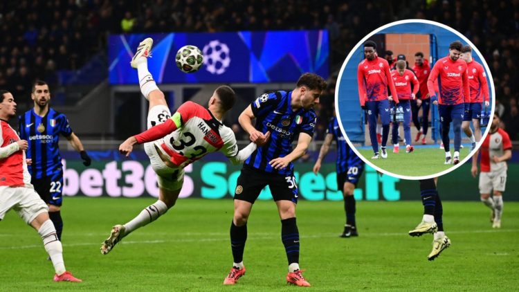 Main image, Feyenoord's Slovakian defender #33 David Hancko (C-L) scissor kicks the ball on attempt to goal past Inter Milan's Brazilian defender #...