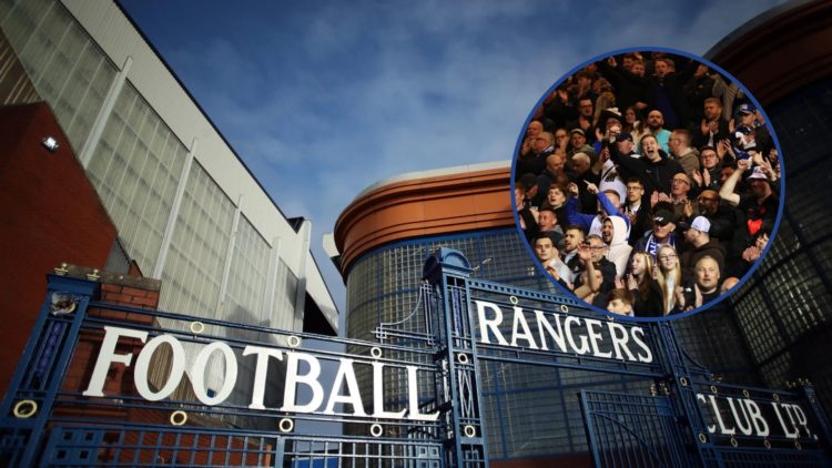 Image of Ibrox outside with inset of Birmingham City fans celebrating.