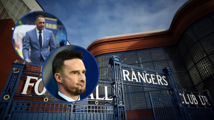 Image of the gates at Ibrox with insets of Paraag Marathe and Barry Ferguson.