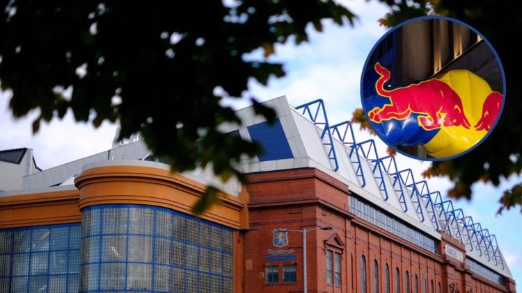 Image of Ibrox Stadium from the outside with inset of Red Bull logo.
