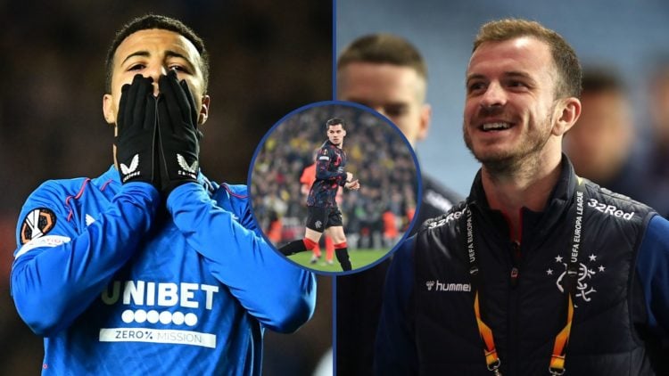 Left image, Rangers' Hamza Igamane reacts during the UEFA Europa League 2024/25 Round of 16 Second Leg match between Rangers FC and Fenerbahce SK a...