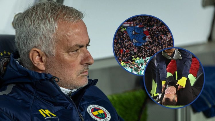 Photograph of Jose Mourinho with insets of Okan Buruk and Rangers/Celtic fans.