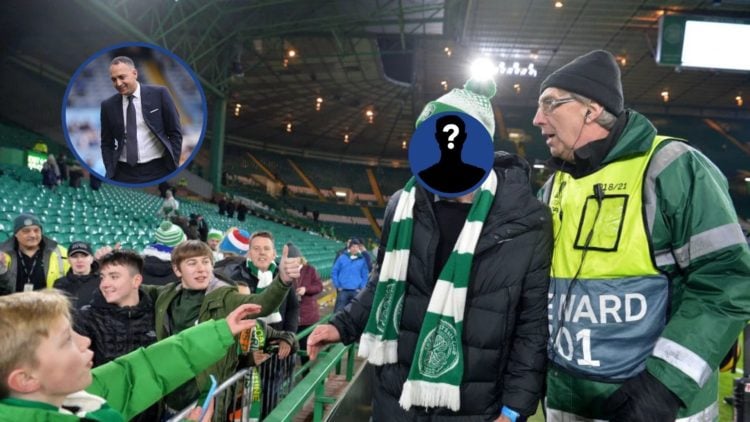 Image of Marco Rose with his face covered at Celtic Park and an inset of Paraag Marathe.