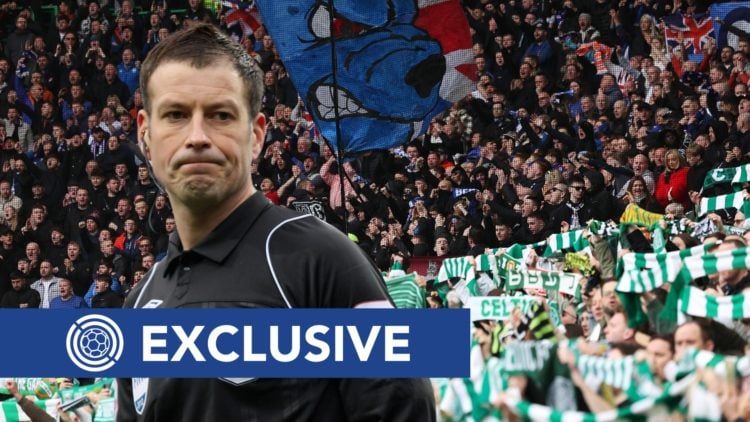Referee Mark Clattenburg looks on during a football match with a background of a general view of Rangers FC and Celtic fans and a Rangers News excl...