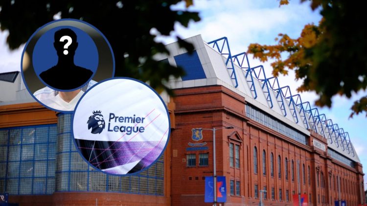 Image of Ibrox outside with insets of obscured Rory Wilson and Premier League logo.