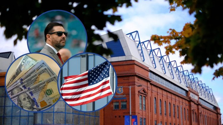 Image of Ibrox Stadium from the outside with insets of Jed York, the US flag and a fistful of dollars.