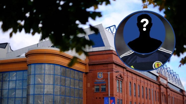 Image of outside Ibrox with obscured inset of Lyall Cameron.