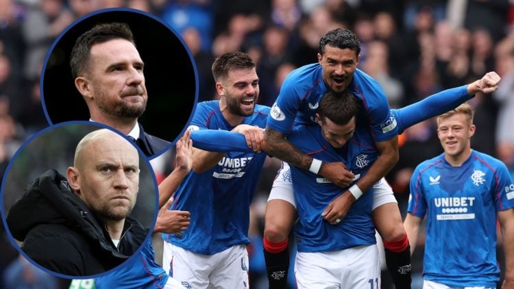 Main image, Tom Lawrence of Rangers celebrates after he score the opening goal during the SPL | Premier League match between Rangers FC and Hiberni...
