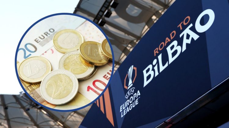 Europa League Road to Bilbao sign with Euro coins left inset