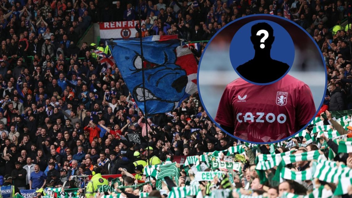 Image of Rangers and Celtic fans with obscured inset of Viljami Sinisalo.