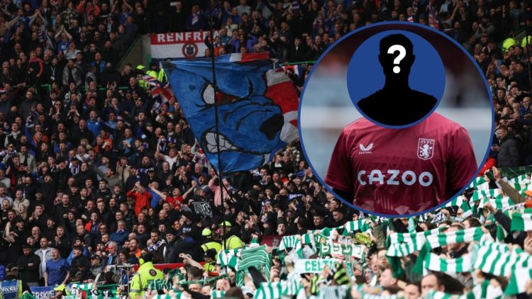 Image of Rangers and Celtic fans with obscured inset of Viljami Sinisalo.