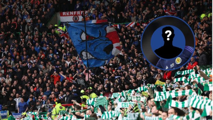 Image of Rangers and Celtic fans with obscured inset of Greg Taylor.