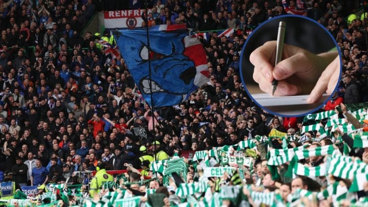 Rangers and Celtic fans with inset of someone signing a contract.