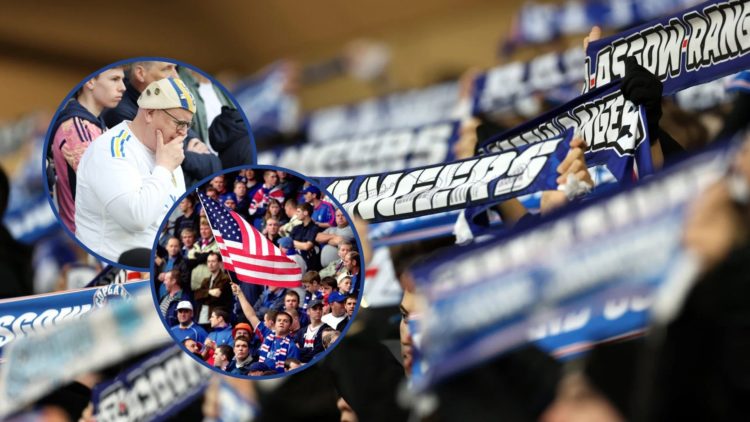 Image of Rangers fans with insets of US flag and Leeds United supporter.