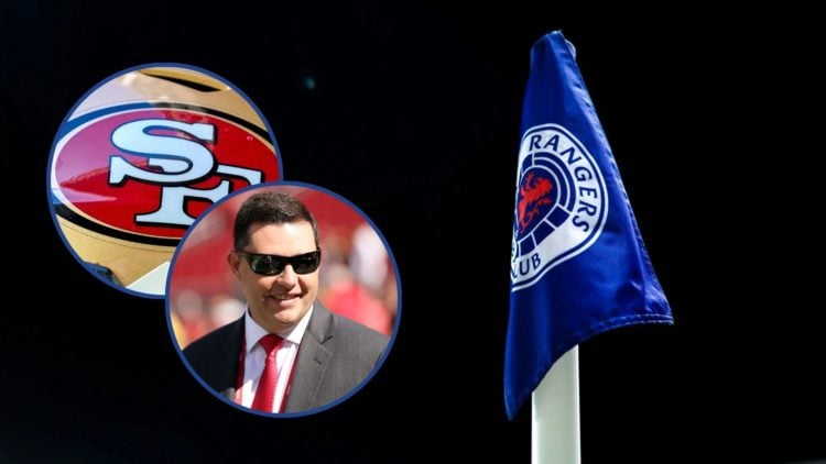 Image of a Rangers corner flag with insets of Jed York and San Francisco 49ers logo.
