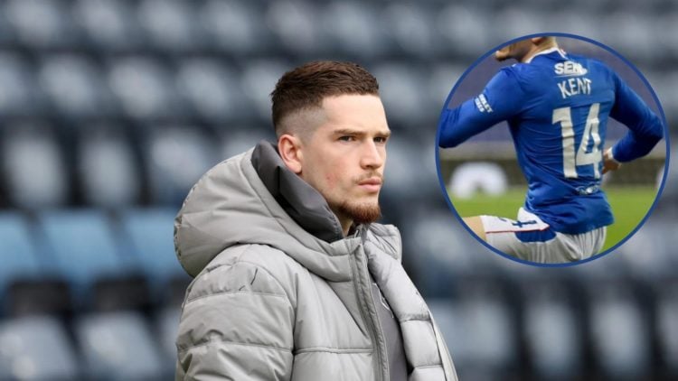 Image of Ryan Kent at Rangers with inset of number 14 jersey.