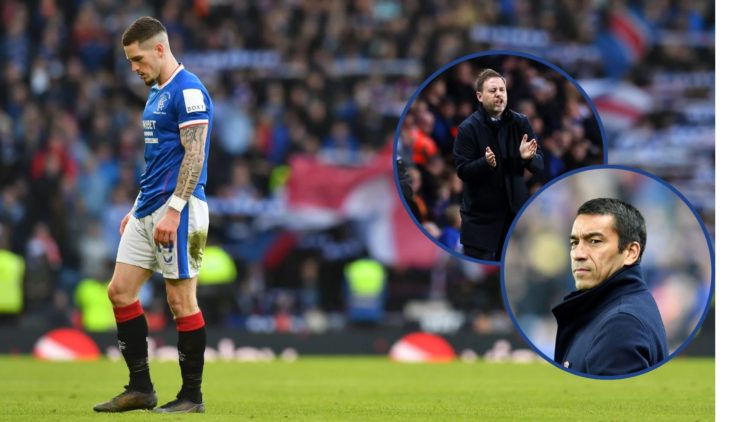 Image of Ryan Kent at Rangers with insets of Michael Beale and Giovanni van Bronckhorst.