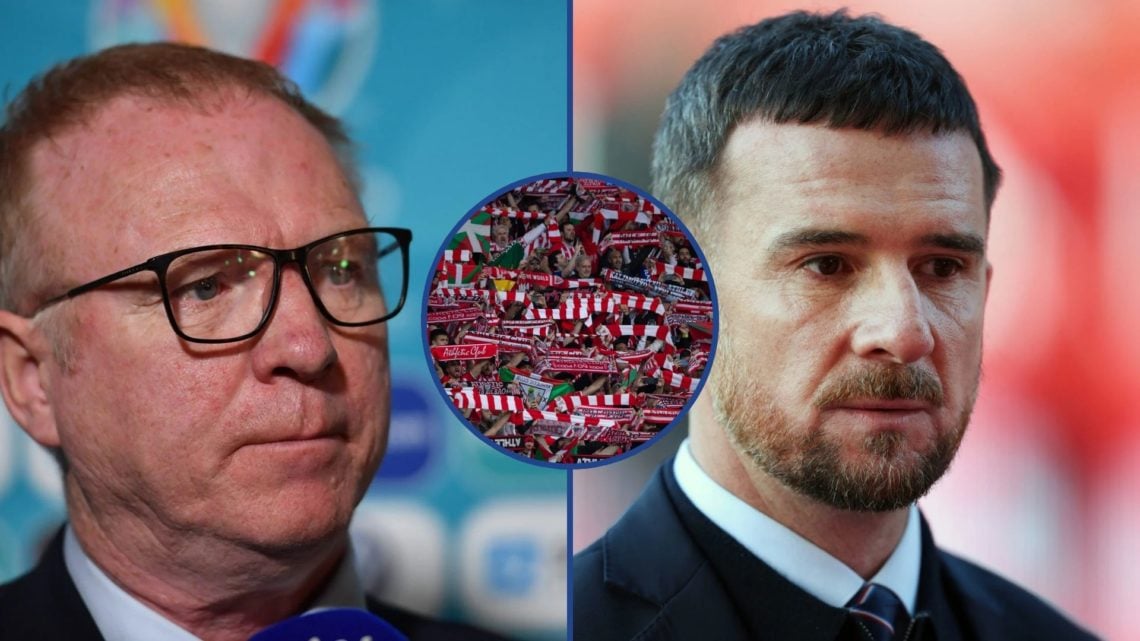 Split image of Alex McLeish and Barry Ferguson with inset of Athletic fans.