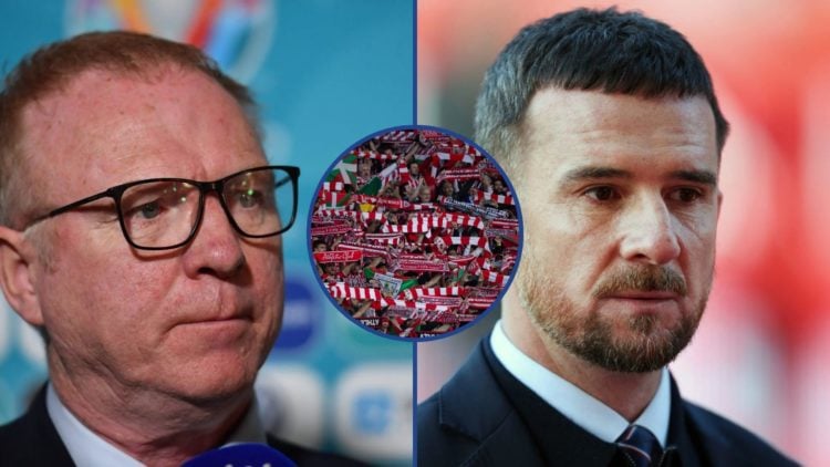 Split image of Alex McLeish and Barry Ferguson with inset of Athletic fans.