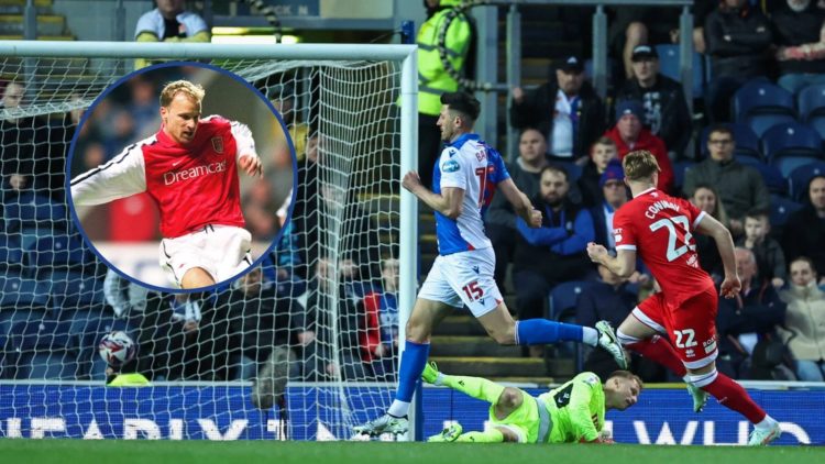 Image of Tommy Conway scoring v Blackburn with inset of Dennis Bergkamp.