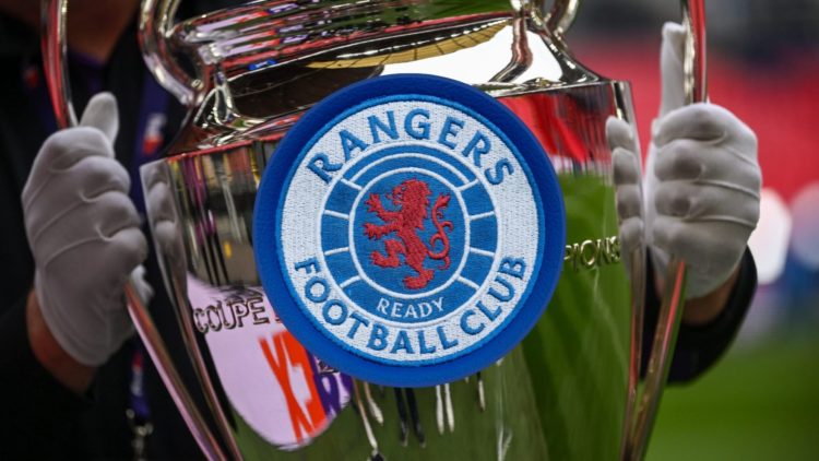 Champions League trophy in background with Rangers badge centre inset