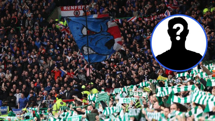 Rangers and Celtic fans in Celtic Park with a mystery player inset.