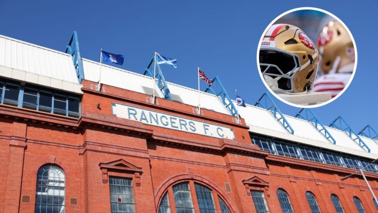 Image of Ibrox stadium with inset of San Francsico 49ers helmet (R).