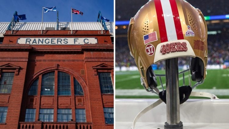 Split image of Ibrox stadium with San Francisco 49ers helmet (R)