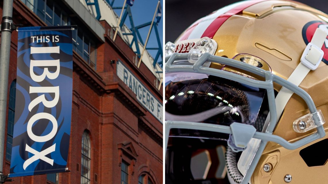Split image of Ibrox (L) and San Francisco 49ers helmet (R).