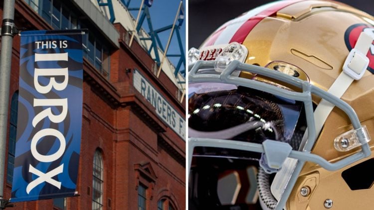 Split image of Ibrox (L) and San Francisco 49ers helmet (R).