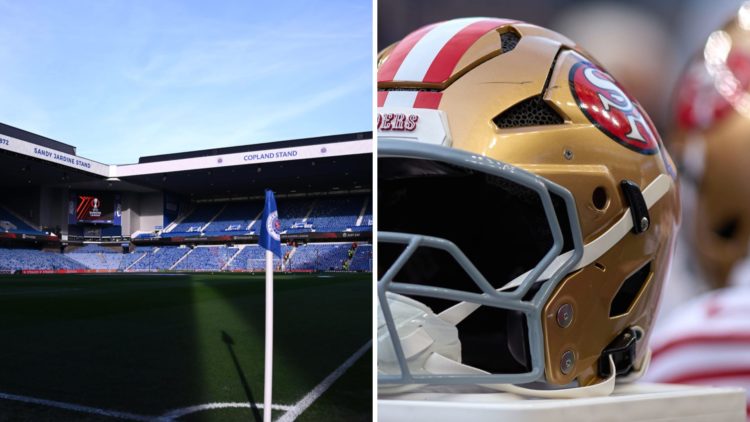 Split image of Ibrox and San Francisco 49ers helmet (R)